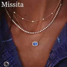2019 New Bohemian Moon Blue Gem Pendant Necklace Retro Multilayer Necklace Ancient Silver Long Round Beads Chain Jewelry retro gem inlaid round pendant necklace for women
