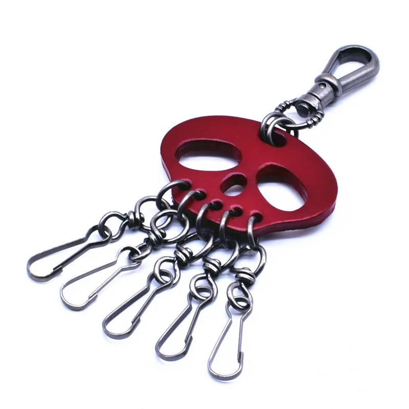 Дизайн панк полый натуральная кожа цепочка для ключей с черепом Модный популярный мужской автомобильный брелок для ключей с женской сумкой брелок ювелирные изделия - Цвет: Красный