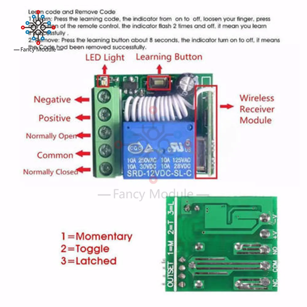 Беспроводной релейный модуль постоянного тока 12 В 1 канал 433 МГц, радиочастотный переключатель дистанционного управления, гетеродинный приемник 3,5 см X 3 см X 1,6 см, электронный модуль