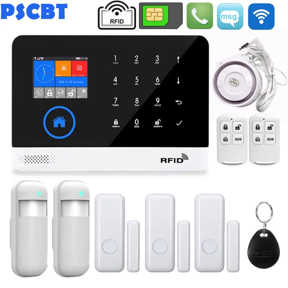 

WIFI GSM Alarm Home Security Kit APP Control RFID LCD Voice Touch Keypad Alert System Burglar Alarm PIR Window Sensor