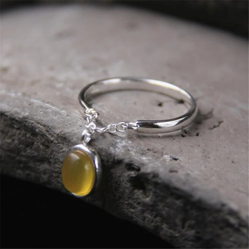 

Top Quality Oval Gemstone Yellow Chalcedony Charms Wedding Ring 100% 925 Sterling Silver Jade Ring For Women