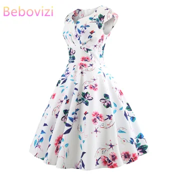 

Bebovizi Casual Party Hepburn 50s Vintage Short Dresses Summer V-Neck Sexy Tank Plus Size Fashion Women 2019 Flower Print Dress