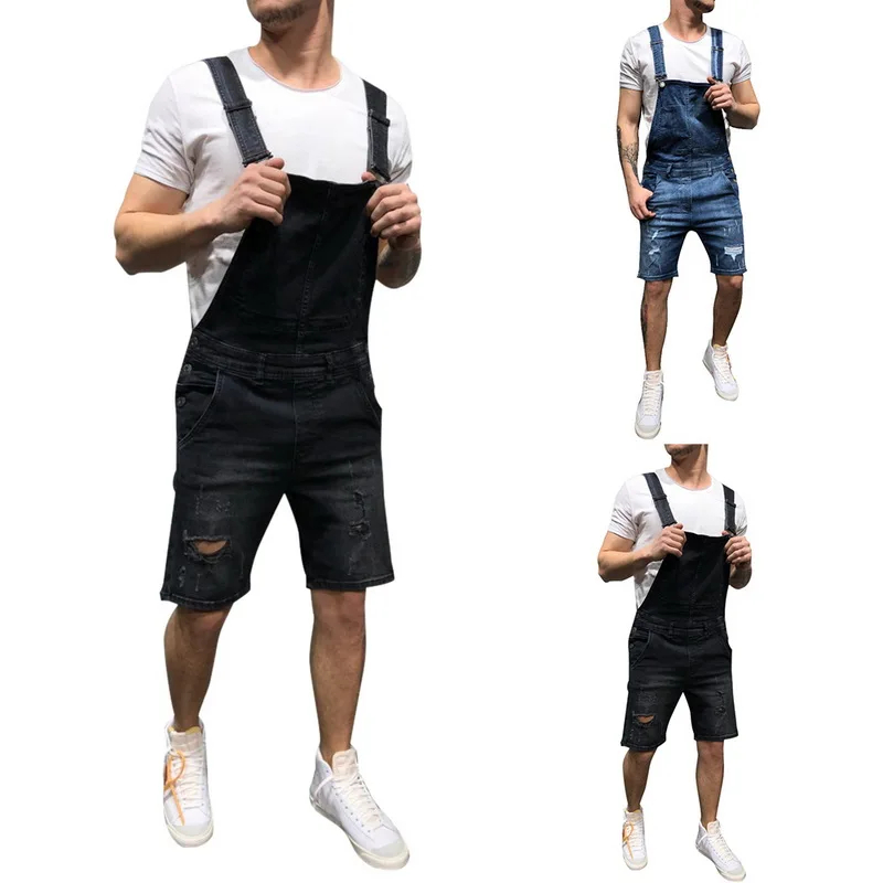 

Litthing Mens Hole Hip Hop Ripped Short Jeans Jumpsuits Male Distressed Denim Overalls Knee Length Suspender Cowboy Shorts