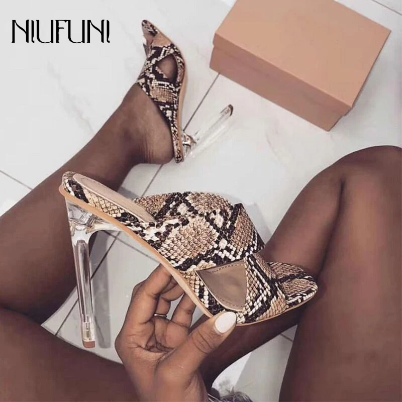 

Women Open Toe Cross Straps Thin Heels Mules Snake Pattern High Heels Slip On Slide Sandals Crystal Heeled Fashion Party Shoes