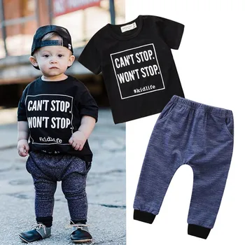 New Casual Summer Toddler Kid Baby Boy Clothes Short Sleeve Print Letter T-Shirt Top Solid Long Pants Outfits Set