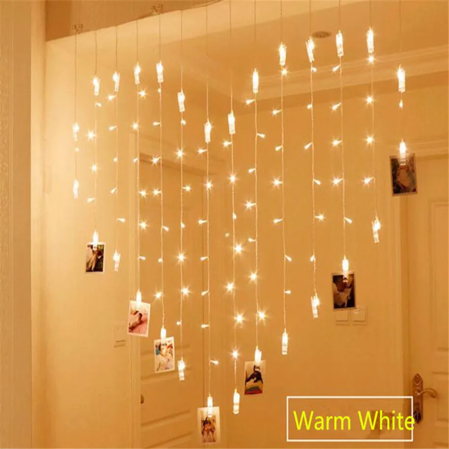 

AC220V 2x1.5m Heart Shape 128LED 34 Lamp Clips photo String Lights Holiday Light Christmas Wedding Home Decoration Curtain