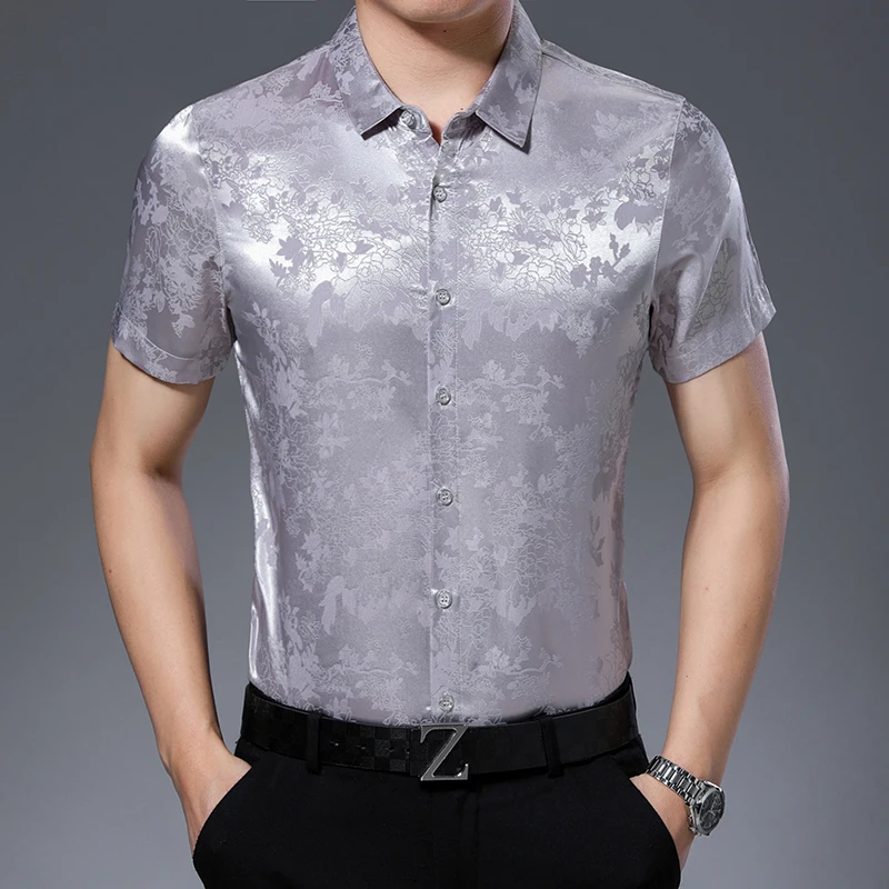 

High quality mens summer floral silk clothes shirt elegant male short sleeve soft silk dress shirts