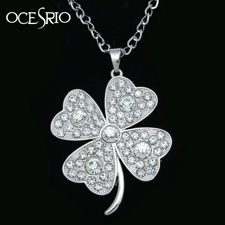 

OCESRIO Trendy Silver Clover Necklace Pendants Long Flower Rhinestone Necklaces Accessories Cute Gifts for Women Girls nke-m68