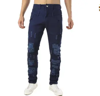 

Mens dark blue skinny ripped jeans Men Distressed Hole Stretch Denim Jeans Personality design Washed Destroyed