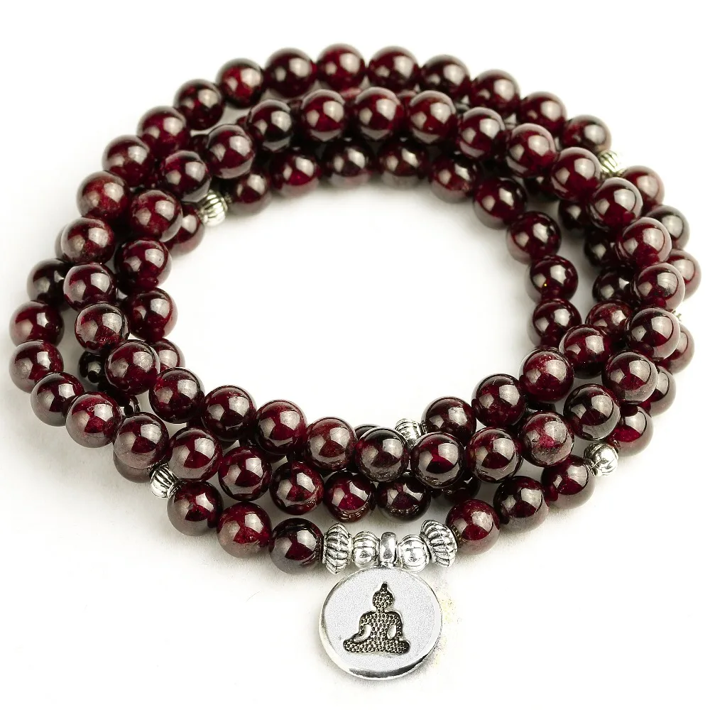 

Natural A Garnet 108 Beads Mala Bracelet 6MM Stone Women Men Meditation Lotus OM Charm Yoga Bracelets Drop shipping