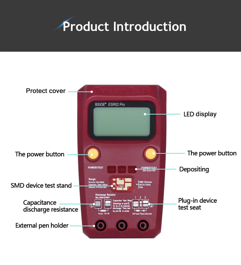 BSIDE ESR02 мультиметр Pro цифровой Транзистор тестер Диод Емкость Сопротивление компонент микросхемы измеритель индуктивности