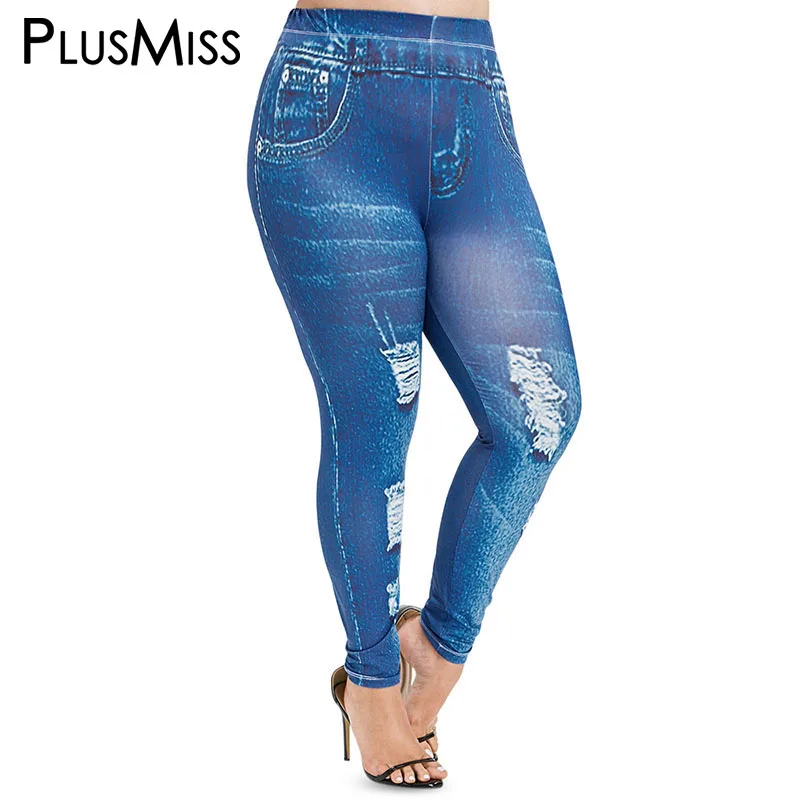 PlusMiss размера плюс 5XL пикантные эластичную искусственную 3D Джинсы Леггинсы Для женщин джинсовые обтягивающие Джеггинсы Высокая Талия плотные леггинсы для девочек большой Размеры XXXXL XXXL XXL