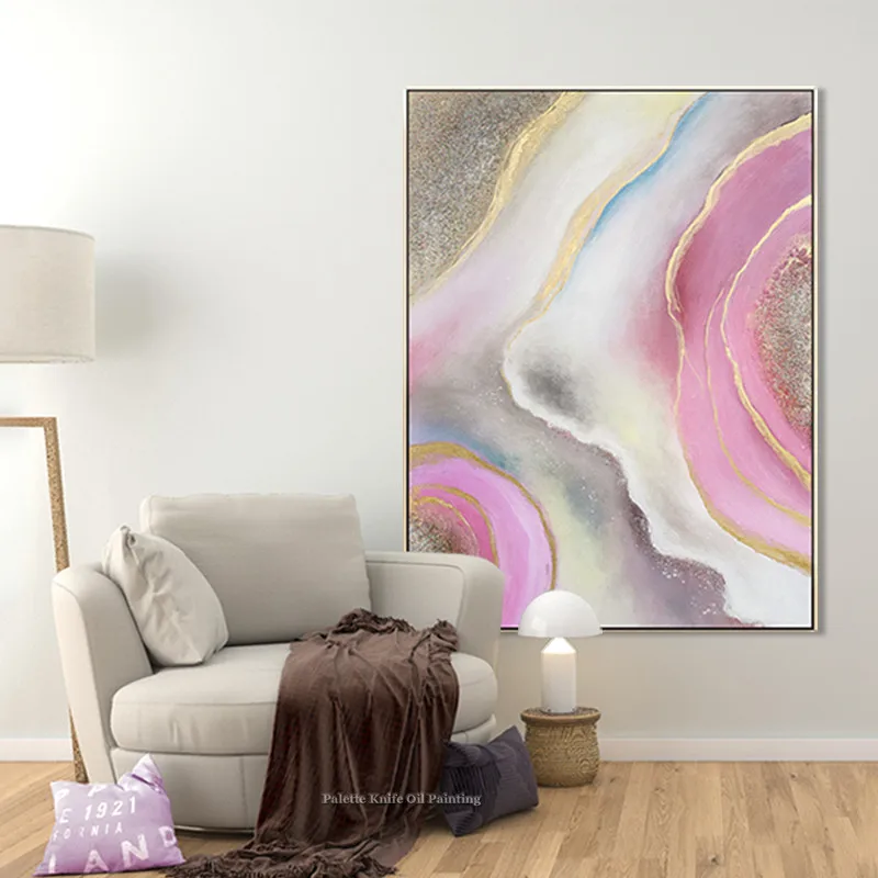 Modern abstract Gold and pink oil painting on canvas Hand painted Wall Art Pictures for living room cuadros decoracion