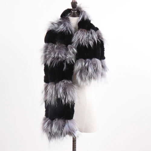 Hot Sale Women Fashion Real Silver Fox Fur Scarf Natural Warm Rex Rabbit Fur Muffler Lady Winter Genuine Fur Scarves - Цвет: black