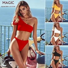 Летний женский комплект бикини из двух частей сексуальный Одноцветный купальник с одним плечом высокого качества мягкий пуш-ап купальник Новое поступление красный