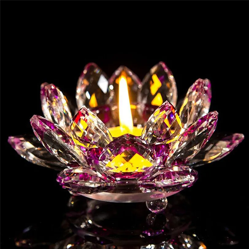 

7 Colors Crystal Glass Lotus Flower Candle Tea Light Holder Buddhist Candlestick