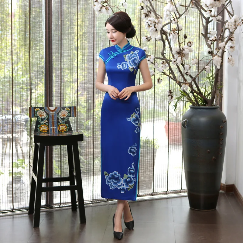 Традиционное китайское платье Для женщин атласная Длинные Cheongsam Размеры S до 3XL