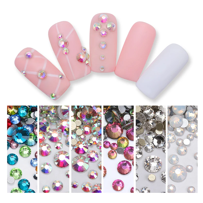 

1 Bag Chameleon AB Color White Nail Crystal Rhinestone Shining Flat Bottom Multi-Size DIY Manicure 3D Nail Art Decoration