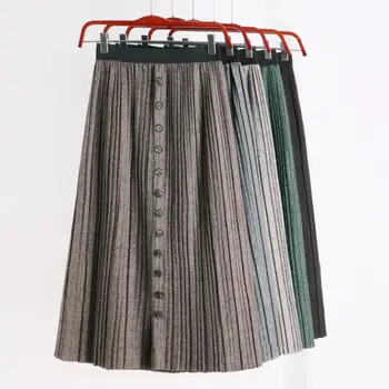 

Fall Winter Womens Knitted Vintage Pleated Single Breasted High Elastic Waist Skirt , 2018 Autumn Woman Knitting Buttons Skirts