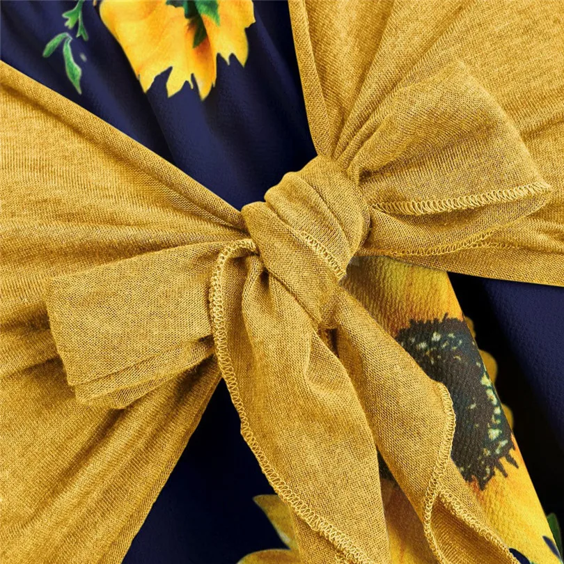 New Women Summer Sexy Short Sleeve Bow Knot Bandage Top Sunflower Print Mini Dress Suits Bohemian Casual Beach Dress #4A30 (57)