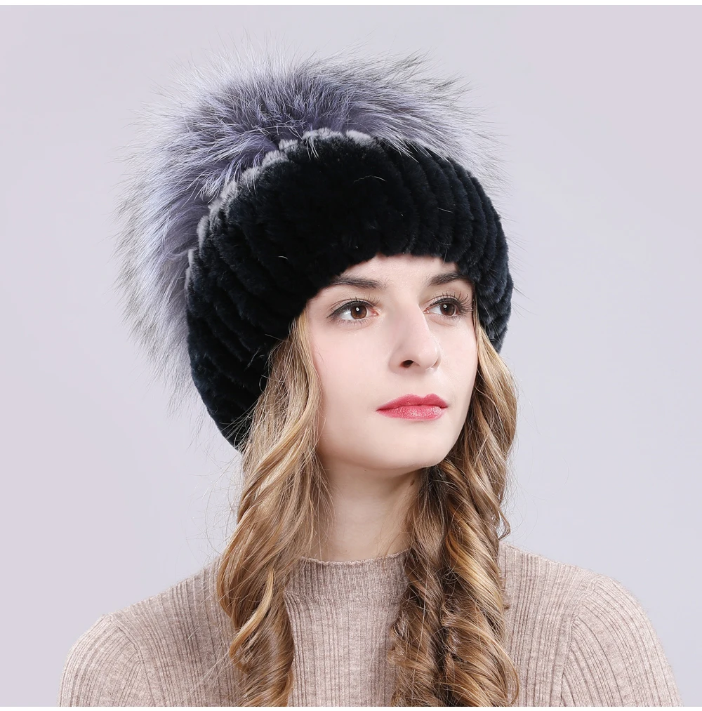 Outdoor Women Warm Soft Genuine Rex Rabbit Fur Hat Knitted Natural Real Sliver Fox Fur Caps Winter Real Rabbit Fur Beanies Hats