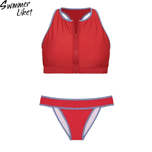 Female Front Zipper Racer bikini 2018 Striped Two Piece Suits Surfing
