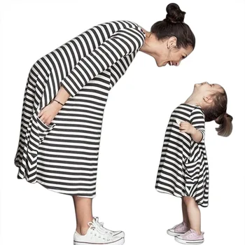 

Family Matching Mother+Daughter Family Dresses Spring Black Long Sleeve A-line Loose Outfits Fall Full Striped Dress