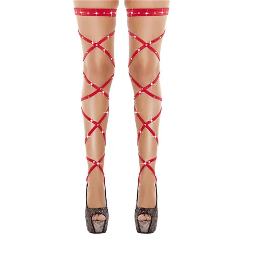 Сексуальное женское нижнее белье бандажные ажурные чулки бедро-высокие Кристальные шипованные бедра высокие ноги рейв обертывания ремешки Стразы колготки - Цвет: Красный