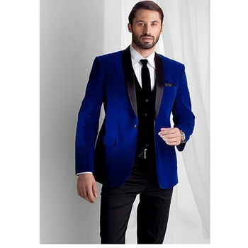 

New Fashion Royal Blue Velvet Jacket Groom Tuxedos Black Lapel Best Men Suit Prom mens suits Tuxedos (Jacket+Pants+Vest)