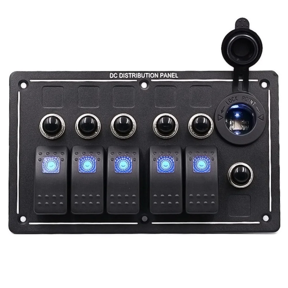 

5 Gang LED Car Boat Rocker Switch Panel Socket Cigarette Plug Voltmeter Car Auto Switches LED Switch Waterproof Rocker Switch