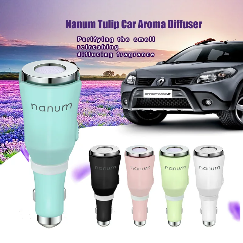 M Tulip Car Aroma Diffuser Air Purifier Car Charger Fragrance Remove Smell USB Safety Hammer Black White Blue Pink Green