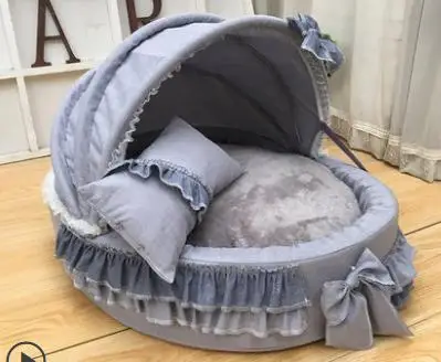 

Awning dog bed lace round bed coral velvet kennel comfortable kennel overall removable and washable