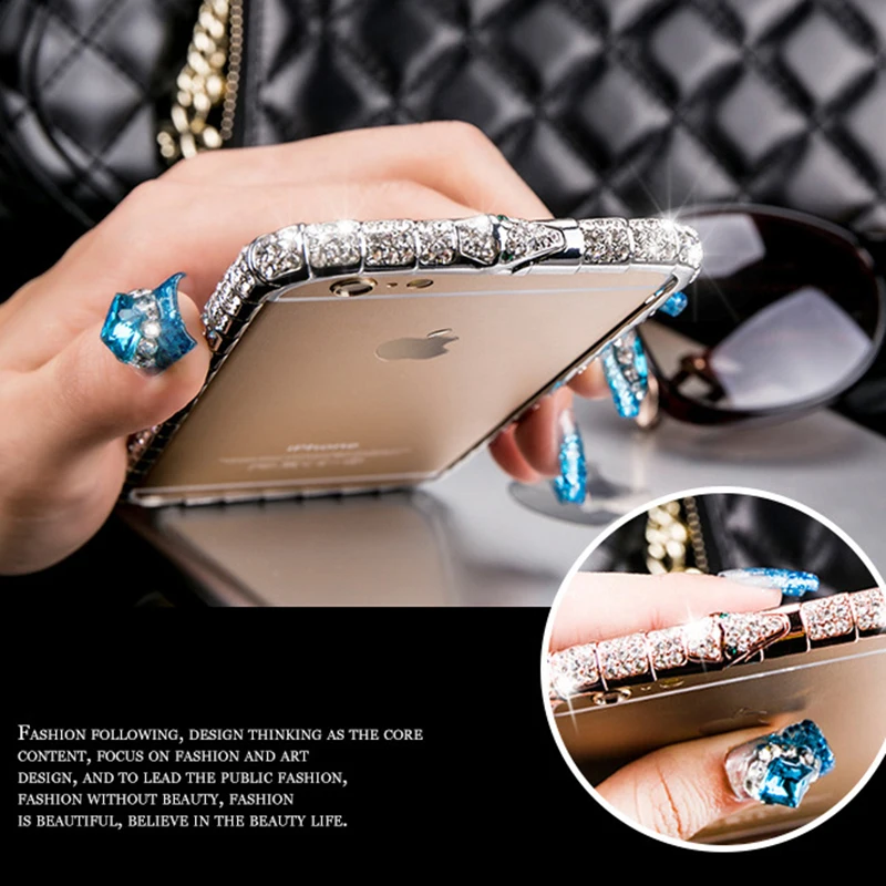 Para iPhone X XR XS Max funda de lujo Bling diamante parachoques para iPhone 8 7 6 6 S Plus marco de Metal con incrustaciones de serpiente de diamantes de imitación brillante
