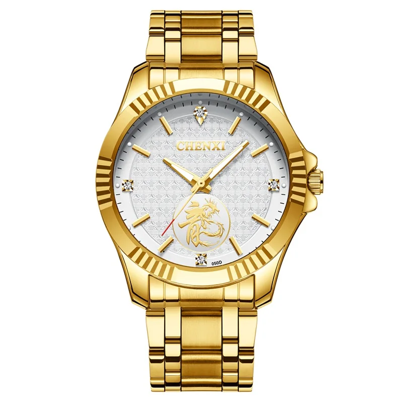 Модные мужские часы с драконом Chenxi мужские часы Лидирующий бренд роскошные золотые часы мужские часы из нержавеющей стали Мужские кварцевые часы horloge man - Цвет: 050Dwhite