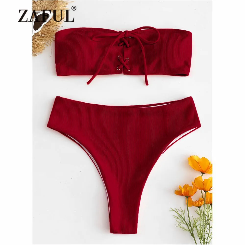  ZAFUL Ribbed Lace Up Bikini Swimwear Women High Waist Swimsuit Sexy Bandeau Strapless Bathing Suit 