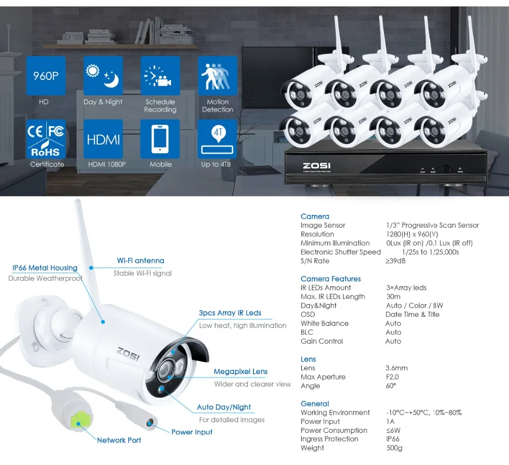 ZOSI 1 ТБ HDD 8CH система видеонаблюдения беспроводной 1080 P HDMI NVR 1.3MP 960 P wifi ip-камера видеонаблюдения домашняя система безопасности комплекты