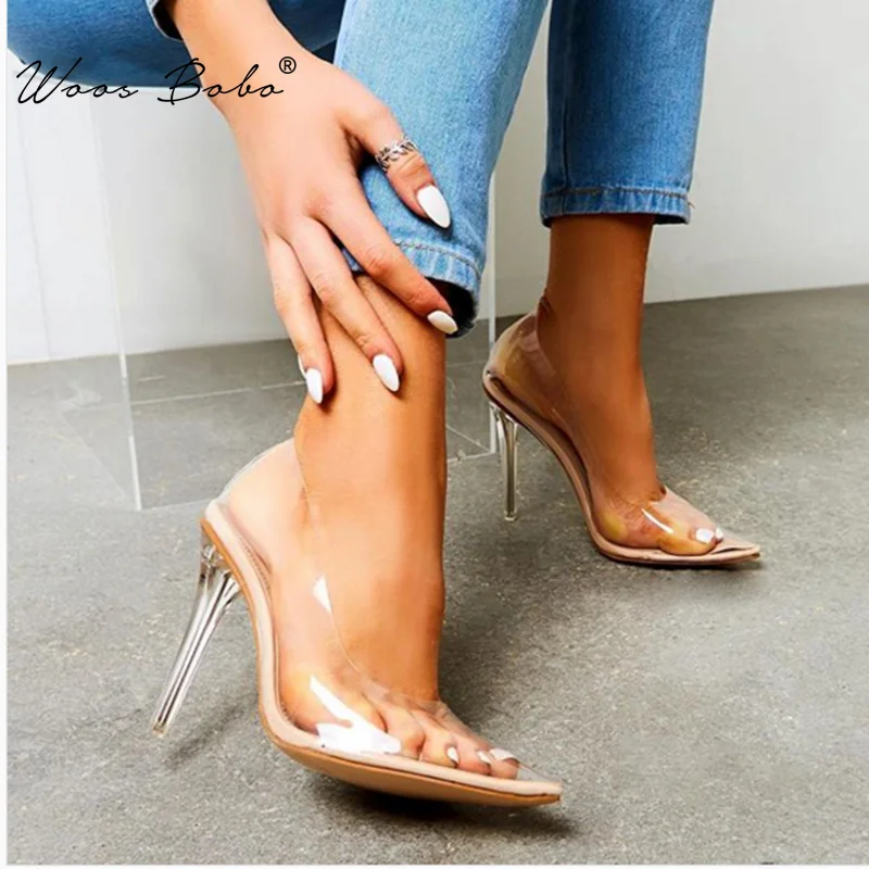 

WOOS BOBO 2019 Summer PVC Transparent High Heels Women Pointed Toe Thin Heels Women Pumps Sexy Shallow Wedding Shoes Woman