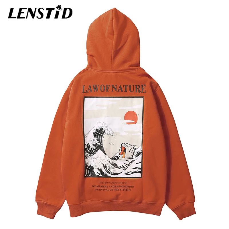 

LENSTID 2019 Autumn Harajuku Embroidery Funny Cat Wave Printed Pullover Hoodies Japan Style Hip Hop Streetwear Casual Sweatshirt