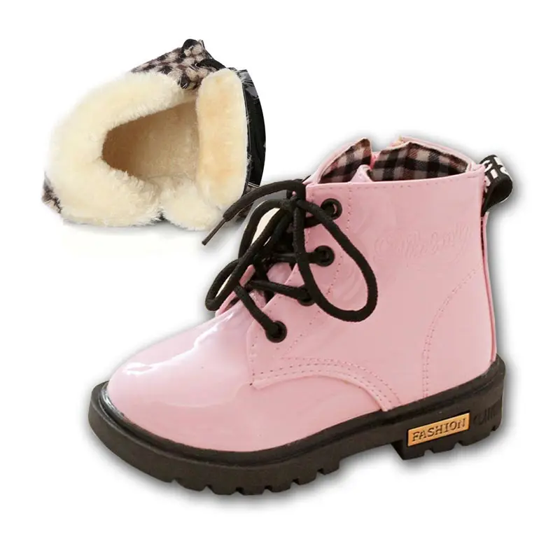 Детская обувь для девочек и мальчиков; высокие Детские кроссовки из искусственной кожи на шнуровке; обувь для маленьких девочек; спортивная осенне-зимняя детская обувь - Цвет: Pink Winter