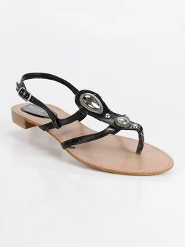 

Woman indie folk flip-flop black sandal summer shoes