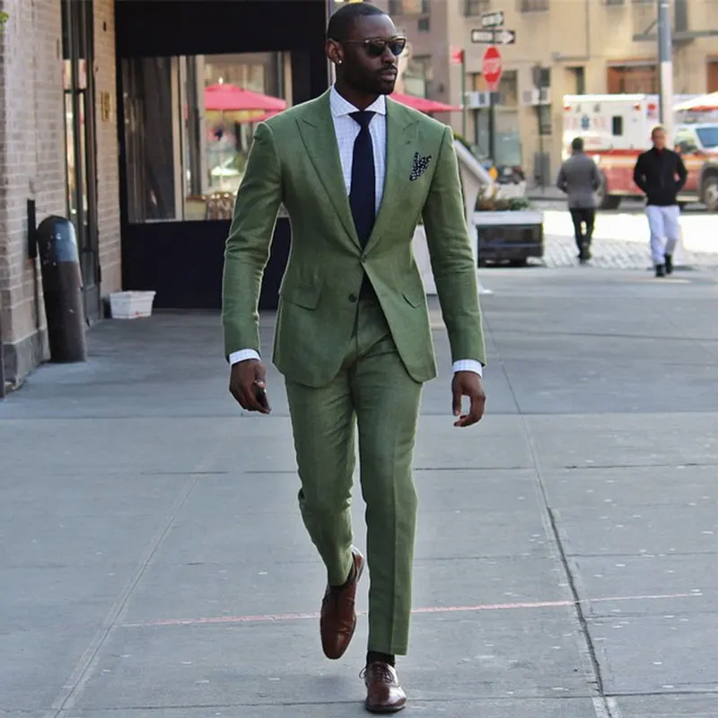 

Green Linen Prom Men Suits for Wedding Suits Man Blazers Groom Tuxedos Slim Fit Costume Homme Terno Masculino 2Piece Coat Pants