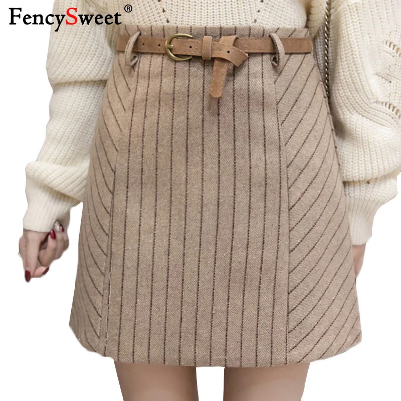 Fencysweet 2XL осень зима Для женщин Mini шерстяные юбки Высокая Талия Полосатая юбка