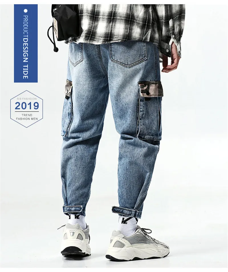 Fashion Loose Men's Cargo Pants Vintage Washed Man Multi-Pockets Jeans Patchwork Big Pockets Distressed Beam Feet Denim Trousers (5)