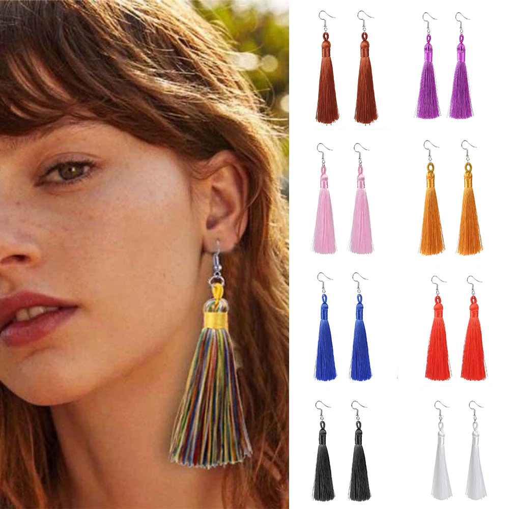 

Women Fashion Bohemian Colorful Tassel Earrings Jewelry Long Tassel Hot Ethnic Drop Earrings Statement Wedding accessories