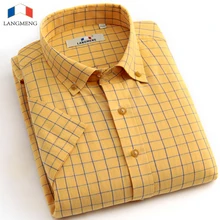 Langmeng 100% baumwolle 2016 plaid freizeithemd männer kurzarm büro social hemden männer slim fit camisa masculina