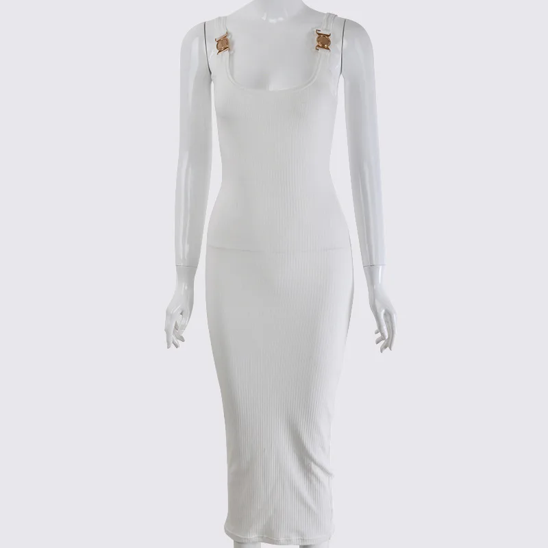 Женское сексуальное облегающее платье NewAsia с открытой спиной в рубчик, Белое платье миди с металлическим украшением, красное летнее вечернее платье без рукавов, длинное - Цвет: White