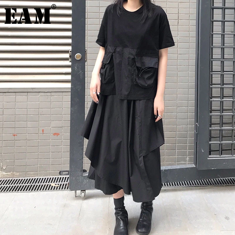 

[EAM] 2019 New Autumn Winter o-Neck Short Sleeve Spliced Shirt Irregular Loose Pants Two Piece Suit Women Jumpsuit Fashion JX295