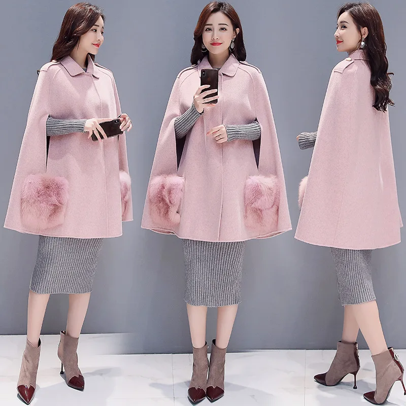 2018 New Autumn Mid Wool Cape Coat Women Korean Style A Line Cloak Coats Fashion Turn Down Collar Abrigos Mujer Elegante Pink 2018 New Autumn Mid Wool Cape Coat Women Korean Style A Line Cloak Coats Fashion Turn Down Collar Abrigos Mujer Elegante Pink