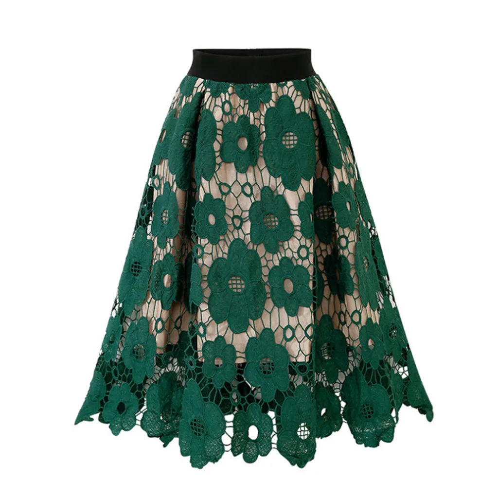 MAXIORILL Новая женская кружевная юбка длиной до колена, женская мягкая эластичная Расклешенная юбка с принтом, T3 - Цвет: Черный