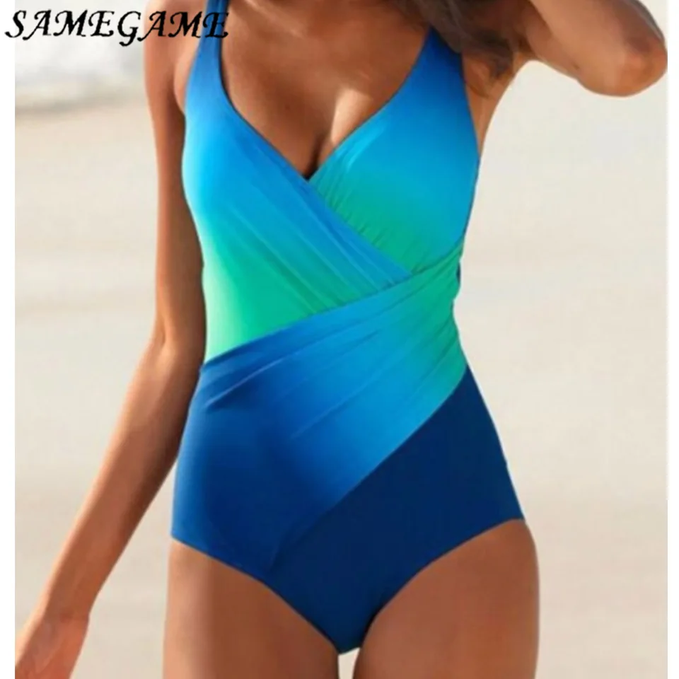 

SAMEGAME 2019 New Arrival One Piece Swimsuit Women Vintage Bathing Suits Plus Size Swimwear Beach Padded Print Blue Suit
